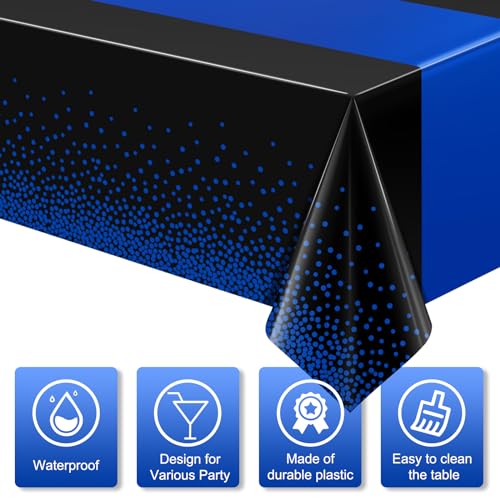 Image of MASHAN 12Pcs Black and Blue Tablecloth Party Decorations,Plastic Black Table Cloth Printed Blue Runner Disposable Rectangle Table Cover for Birthday Wedding Anniversary Graduation Party,54 x108 Inch