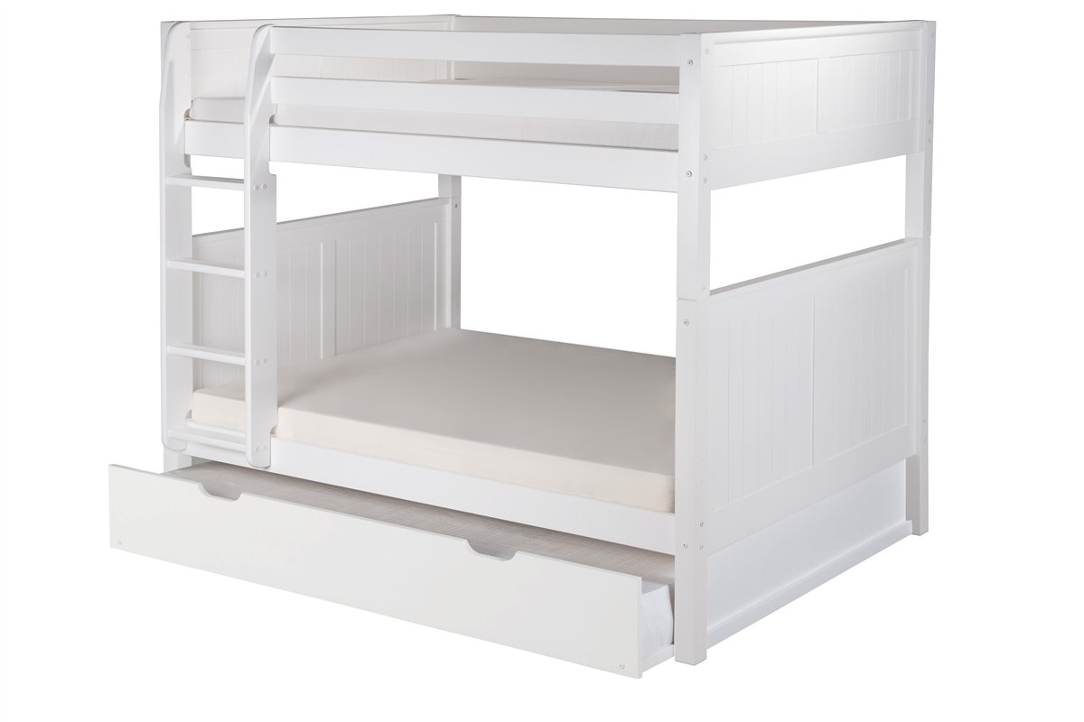 Camaflexi Panel Style Solid Wood Bunk Bed with Trundle, Full-Over-Full, Side Attached Ladder, White