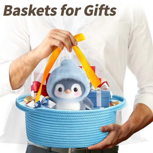 Image of Pro Goleem Small Woven Basket with Gift Bags and Ribbons Durable Baskets for Gifts Empty Small Rope Basket for Storage 12 inchX 8 inch X 5 inch Baby Toy Basket with Handles, Blue