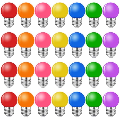 MZYOYO Confezione da 28 lampadine colorate E27 LED da 2 W, lampadine colorate E27 per esterni, G45 LED colorate per luci di Natale, rosso, verde, blu, arancione, giallo, rosa, viola, plastica