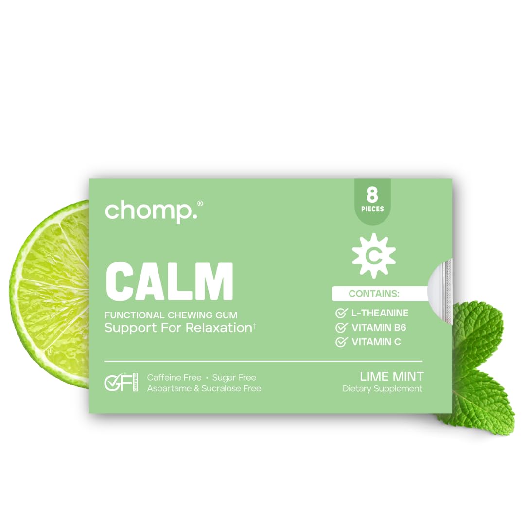 Calm (1 Pack) - Chomp Gums - Healthy Chewing Gum L-Theanine + Vitamin B6 + Vitamin C - Lime Mint Flavor - Gluten & Sugar Free - Aspartame & Sucralose Free