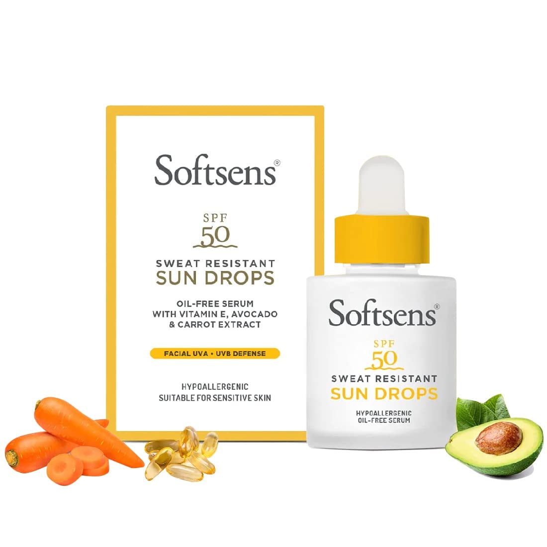 Softsens Sweat-Resistant Sun drops Sunscreen SPF 50 20ml | No White Cast | UVA & UVB Protection | Lightweight, Non Sticky, Non Greasy, Quick Absorbing | 100% Vegan | For Women & Men