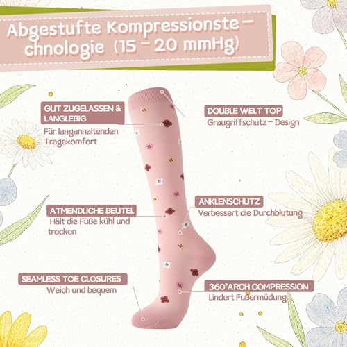Utensilsto 6 Paare Kompressionsstrümpfe, Stützkniestrümpfe Compression Socks, Lange kompressionssocken mit 15-20mmHg Reisestrümpfe Stützstrümpfe für Damen Laufen, Sport, Flug, Reisen (S/M)