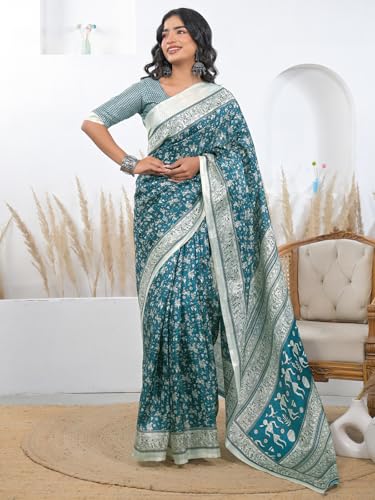 Image of SIRIL Women's Cotton Printed Saree With Unstitched Blouse Piece
