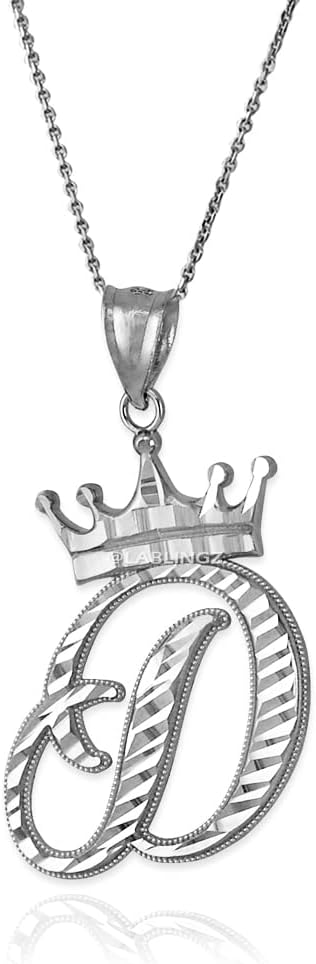 Sterling Silver Letter 'D' Initial Cursive Crown DC Pendant Necklace