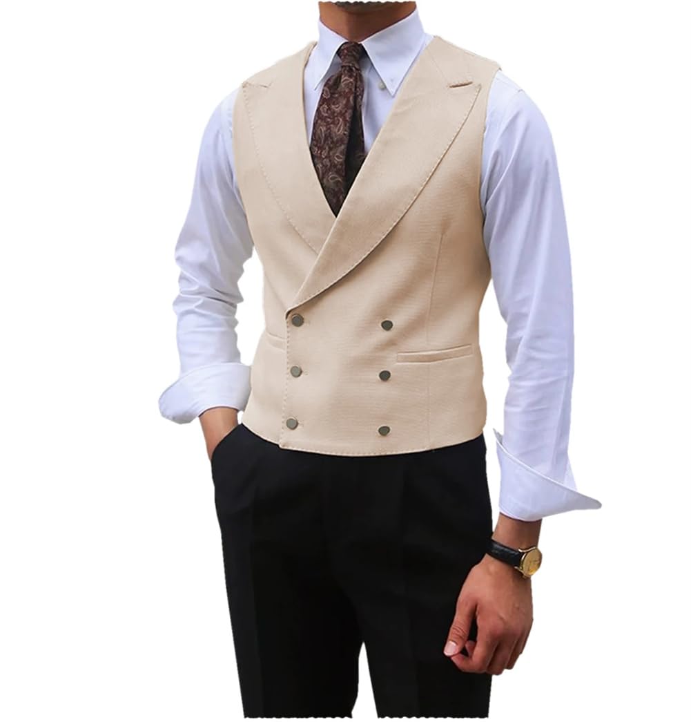 Niiyyjj Chaleco de traje de solapa para hombre, con doble botonadura, sin mangas, para boda, negocios, chaleco delgado