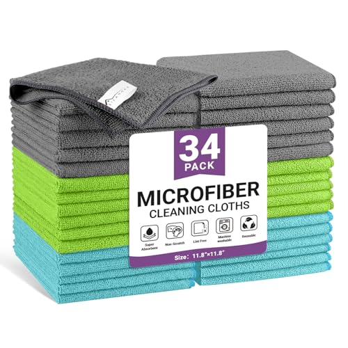 Image of 34 Pack Microfiber Cleaning Cloth, 3 Assorted Colors Cleaning Rags for Housekeeping, Colorful Reusable Microfiber Towels for Car, Kitchen, Bathroom and Household Cleaning Supplies, 11.8 inchX11.8 inch