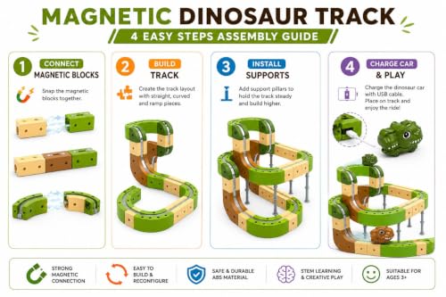 Image of TOYSTODAY Magnetic Building Block Track Car Set for Kids 3+ | DIY Construction Race Track Toy with Magnetic Blocks & Track Cars | STEM Learning Educational Toy Gift for Boys & Girls (Dino 59 PCS)