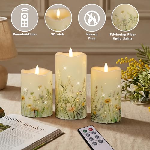Image of Flameless Candles, Battery Operated Floral Candles with Remote, Fiber Optic Flameless Pillar Candles Set of 3 for Spring Decorations Indoor
