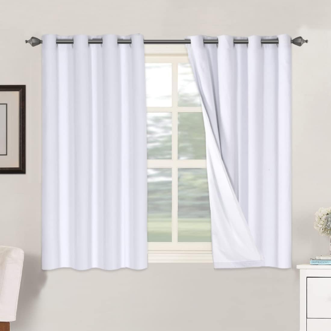 H.VERSAILTEX Linen Blackout Curtains 45 Inches Long 100% Blackout Thermal Insulated Textured Linen Look Curtain Draperies Anti-Rust Grommet, Energy Saving with White Liner, 2 Panels, Bright White