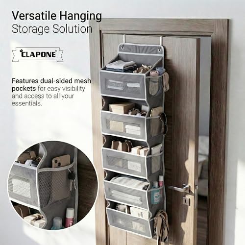 Image of CLAPONE Over the Door Organizer /Large Pockets - Anti-Tilt Hanging Storage for Bedroom /Closet Door Storage /Bathroom /Pantry /Nursery /Bedroom (Grey, 5 Layers)