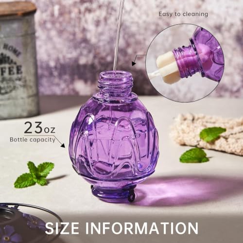 Image of 2 Pack Glass Hummingbird Feeder for Outdoors Hanging, 24Ozs Humming Bird Nectar Feeder w /Perch, 5 Flower Feeding Ports, Leak Proof Base and Hook for Outside Garden Backyard Decor, Purple