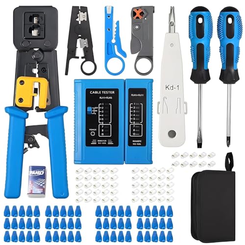 Image of XIKKART Crimping Tool RJ45, Wire Cutter, Tool Kit, Cat5 Cat5e Cat6, 50PCS RJ45 Cat6 Passthrough Connectors, 50PCS Covers, Network Cable Tester, Wire Punch Down Cutter, Battery, Pass Through Tool kit