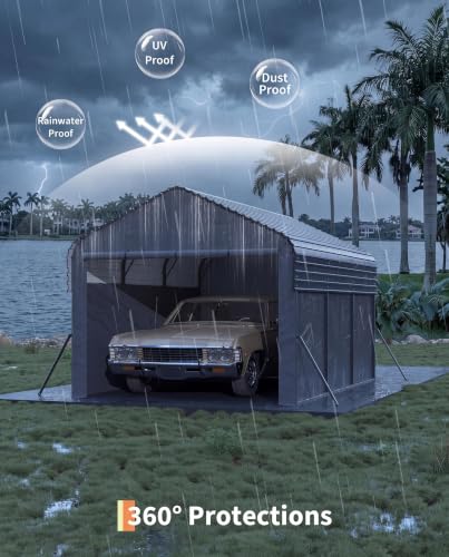 Image of GarveeLife 10x15x9 ft Metal Carport, Enclosed Car Ports | Removable 220 g Tarp / Gable End Doors and Sidewalls, for Sedans, Boats, and Tractors