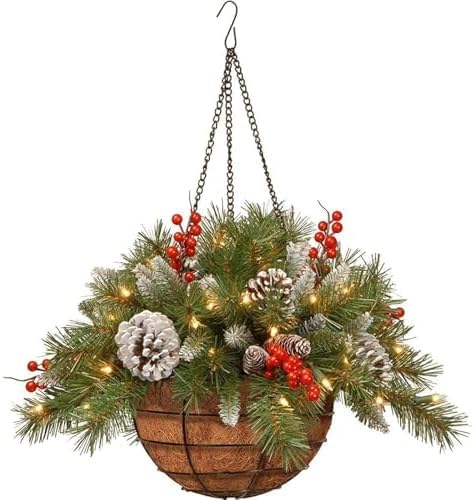 Nazada Pre-Lit Christmas Hanging Baskets for Outdoors Artificial Christmas Basket with Pine Cones and Berries Winter Planter with Lights for Home Porch Front Door Garden Decoration