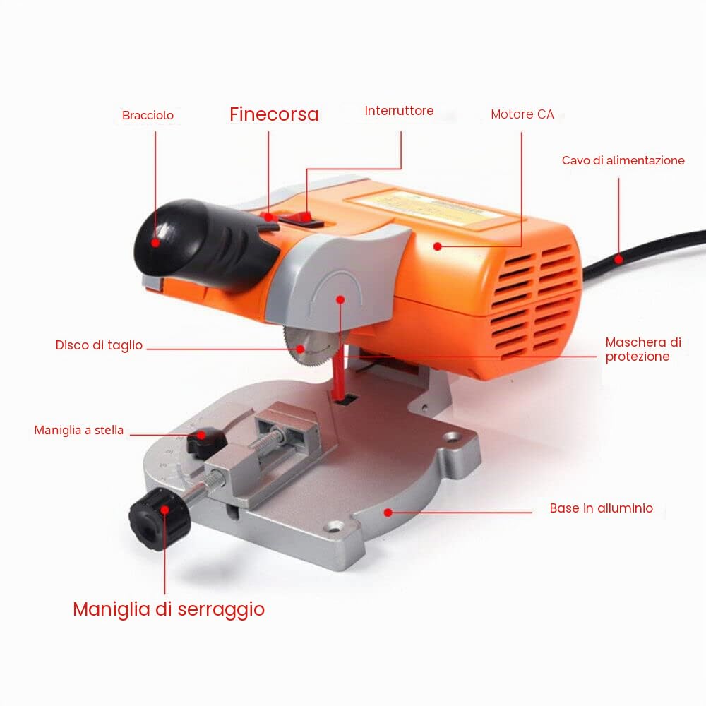 Mini Sega Troncatrice da Tavolo, 7800R/min, Acciaio, Ottone, Legno, 0-45°, Regolabile, per Legno, Zinco, Alluminio, ecc.