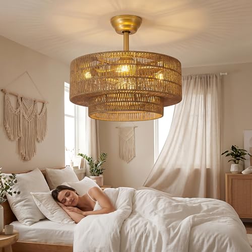 SEARART Boho Ceiling Fan with Light: 4-Lights Hand Woven Rattan Chandelier with DC Reversible,6 Speeds, 3CCT - Farmhouse Caged Ceiling Fan for Bedroom,Living Room,Kitchen,Nursery,Island by SEARART - Used condition - Image 5
