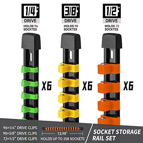 Image of Reniteco 18-Pack Socket Organizer Set, 1 /4 inch x 96 3 /8 inch x 90 1 /2 inch x 72 Clips | 258 Clip Capacity, Havy-Duty ABS Socket Rails, Removable Clips, Drive Socket Storage, Toolbox Drawer or Wall Mount