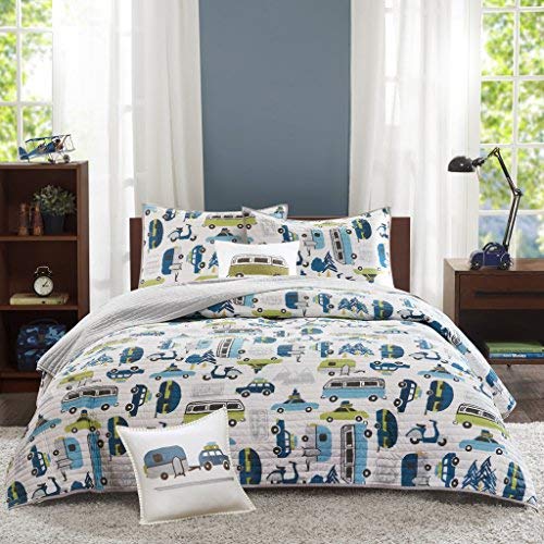 INK+IVY Kids Road Trip Twin Bedding Sets Boys Quilt Set - White Blue