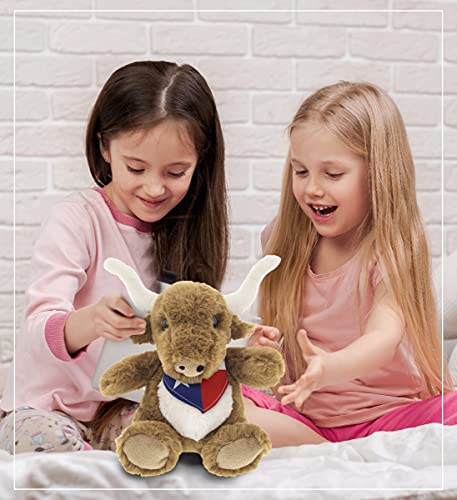 DolliBu Texas Longhorn Stuffed Animal - Cute Playtime Farm Animal Plush Toy with Texas Flag Bandana, Soft and Huggable Texas Longhorn Cowboy Toy for Kids and Adults - 8 Inches
