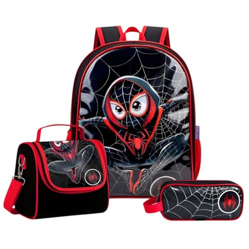Kit Mochila Costas Escolar Infantil Passeio Aranha Grande Menino+ Lancheira Transversal + Estojo Duplo