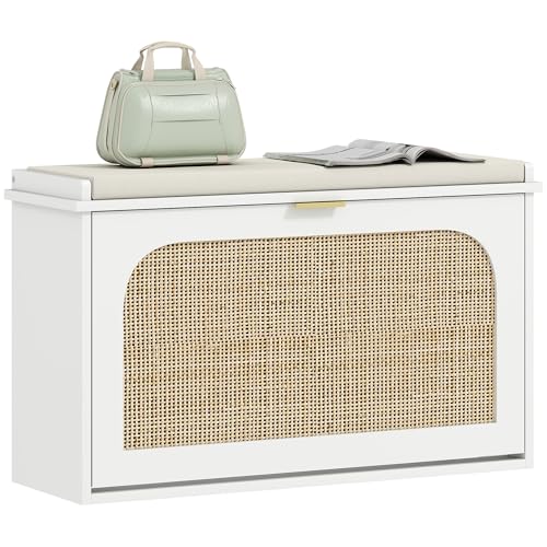 HOMCOM Banc Chaussures entrée, Banc de Rangement étroit, Assise rembourrée, Porte en rotin, tiroir Rabattable et étagère réglable, Style bohème, pour...