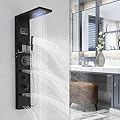 RUMOSE Dark Black Shower Panel Tower System, 5-Function Shower Faucet Set LED Light Rainfall Shower Head Digital Display with Massage Jets Tub Spout Shower Shelves, Stainless Steel, Wall Mount