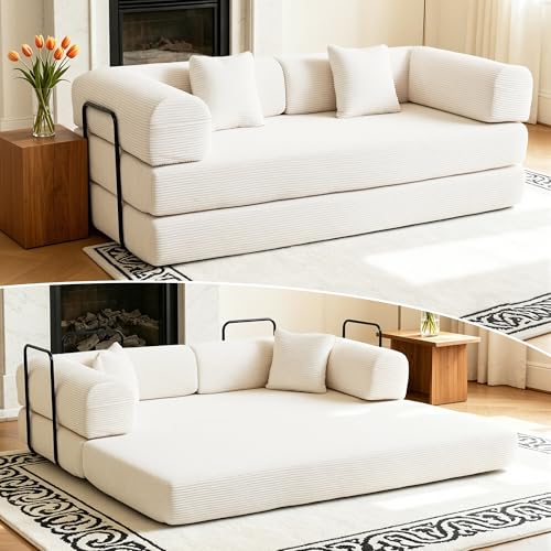 Image of 80 Inch Multi-Functional Convertible Sofa Bed, Fixed Shape Frame, High Density Foam with Corduroy, Easy Assembly, for Living Room and Bedroom. (Beige)