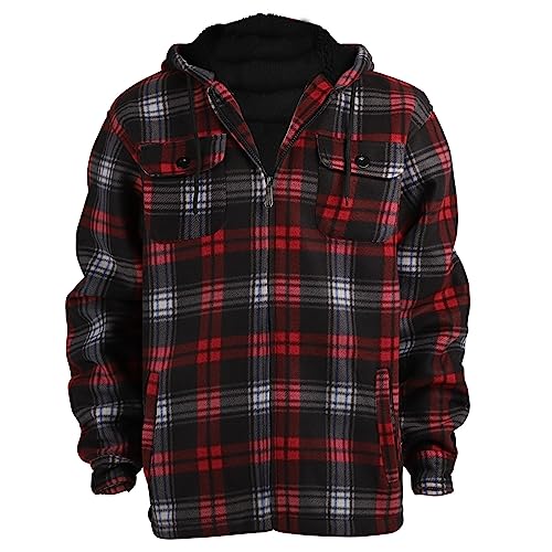 Image of TanBridge Men's Cotton Plaid Shirts Jacket Full Zip Fleece Flannel Sherpa Lined Hoodies Heavyweight Hoodies Jacket for Men