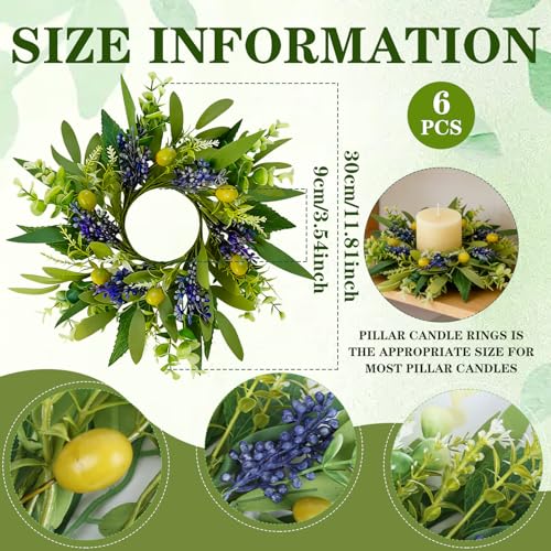Image of 6 PCS Eucalyptus Olive Candle Rings Wreaths Spring Summer Greenery Kitchen Cabinet Wreaths Mini Green Boxwood Leaves Candle Wreath for Pillars Farmhouse Wedding Celebrations Tabletop Decoration