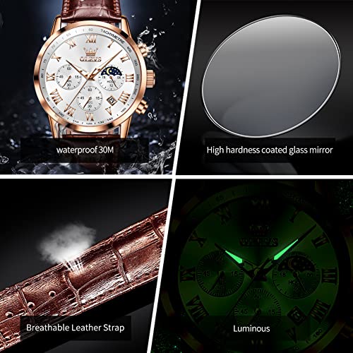 Image of OLEVS Men's Leather Analog Quartz Watch - Luxury Chronograph Wristwatch with Date, Waterproof, Luminous - Dress Style