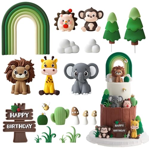 21 adornos para tartas de animales de la selva, decoración de pastel de feliz cumpleaños, decoraciones de fiesta temática de selva, decoraciones de pastel con temática de safari salvaje para niños y
