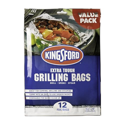 Kingsford Extra Tough Grilling Bags Heavy Duty Aluminum Foil Bags for Grill Oven Cooking Steaming Smoking Food Disposable BBQ 15.5 x 10 Inch 12 Count