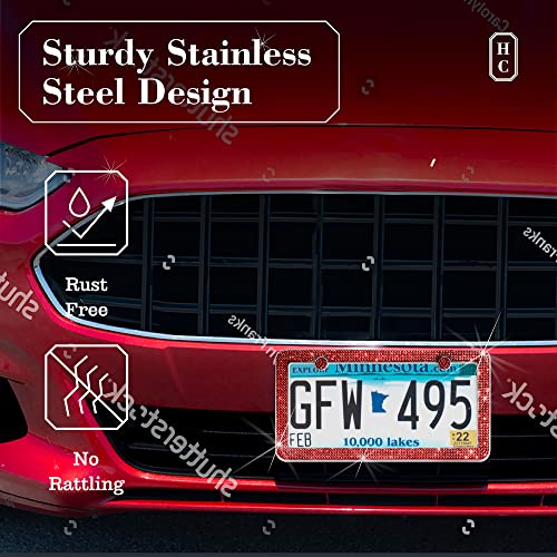 H C Hippo Creation RS-LPF-R Diamond Rhinestone Bling License Plate Frames For Women, Men - 2 Pack Handcrafted Bedazzled License Plate Cover With Glittery Crystal Screw Caps Stainless Steel - Sparkle Car License Plate Frame Red thumb #7