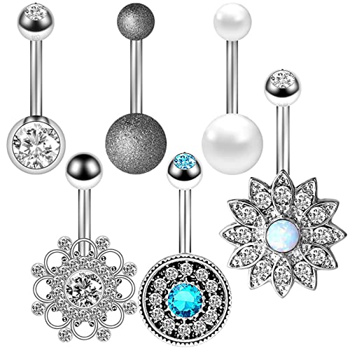 Daesar Piercing Ombligo Calibre 14,Piercing Ombligo de Acero Quirurgico 6PCS Redondo y Flor Circonita Blanca/Azul Piercing Mujer Ombligo Plata Cover