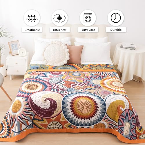Boho Throw Blanket, 100% Organic Muslin Cotton Skin-friendly Breathable Ultra Soft Bed Quilt Throw - All Season Bohemian Decor Luxury Colorful Blanket for Sofa Couch Chair and Gift. 50" x 60"