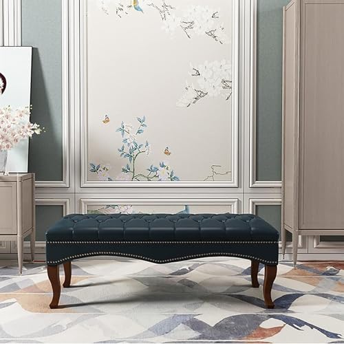 Taburete moderno multifunción azul y negro para pie de cama o banco de sofá tapizado de madera 4