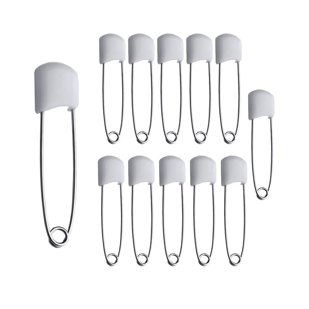 12 Baby Nappy Safety Pins, 2.2 Inch Diaper Plastic Push-in Pins, 55mm Durable Head Fasteners With Safety Lock Closures, Stainless Steel, Ideal for Terry Squares, Flat and Prefold Nappies (12 Pack)