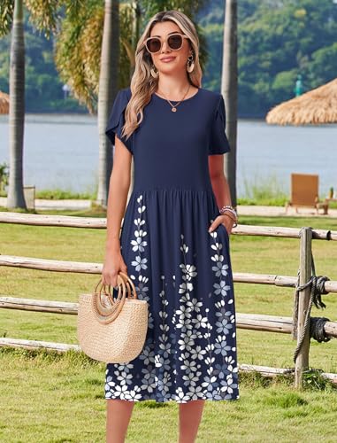 HOTOUCH Women's Summer Short Sleeve A-Line Midi Dresses Casual Floral T-Shirt Dress Flowy Beach Sundress with Pockets4