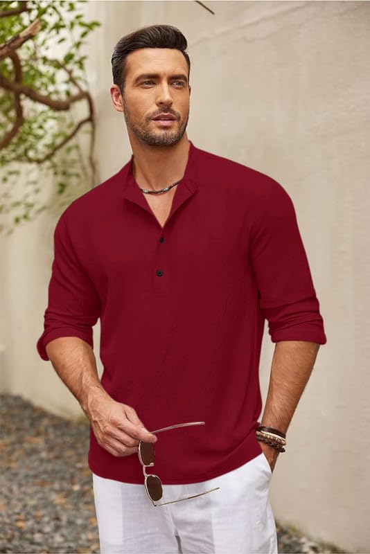 Image of Men's Cotton Blend Straight Kurta Shirt Combo with Mandarin Collar - Slim Fit Casual Short Kurti Set Featuring Textured Slub Fabric and Roll-Up Full Sleeves