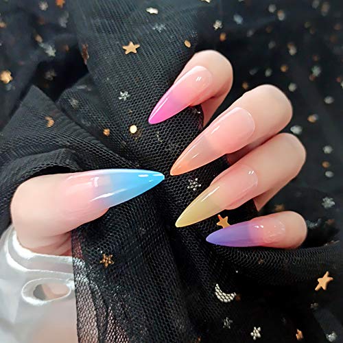 editTime Super Long Rainbow Fake Nails Gradient Color Coffin Glossy Press on Nails Ballerina Colorful Acrylic False Nails Art Salon Faux Ongles Fingers Nails (Gradient Color-Stiletto Nails)