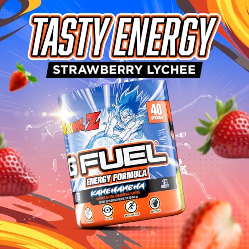 Image of G Fuel Dragon Ball Z Energy Drink Powder, Pre Workout Caffeine Mix for Gaming, Sugar Free Focus Amino, Vitamin + Antioxidants, 9.8oz (Strawberry Lychee, 40 Servings)