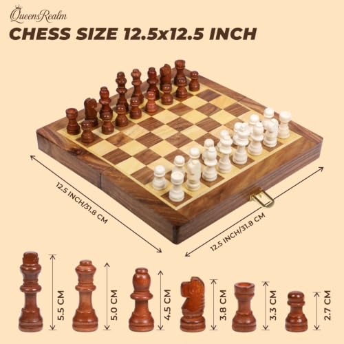 Image of QueensRealm 12.5 Inch Wooden Handmade Magnetic Chess Board Set with Magnetic Pieces | Premium Foldable Chessboard for Kids and Adults Ideal for Indoor Outdoor Chess Set (12.5 x 12.5 Inches Wooden)