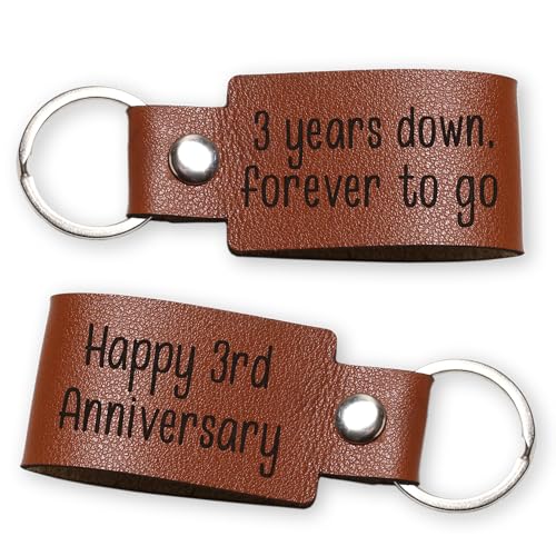 Happy 3rd Wedding Anniversary Vegan PU Leather Keyring 3 Years Together Forever To Go Third Keepsake Date Wife Husband Romantic Gift Husband Key Ring Him Her Mr Mrs Couples Valentines Girlfriend Boy