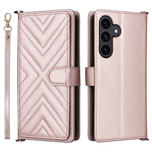 Cover Compatibile con Samsung Galaxy S25 FE con S25 FE Cinghia da polso rimovibile Custodia a portafoglio reversibile a doppia fessuraPink