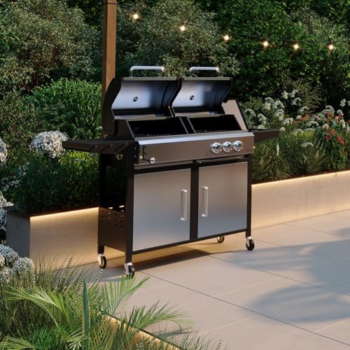 CHARLES BENTLEY Dual Fuel 2+1 Burner Gas Grill & Charcoal Grill BBQ With Thermometer Fire Box Control Panel Charcoal Tray Warming Rack Garden Outdoors Large Family Al Fresco (147.5x110cm)