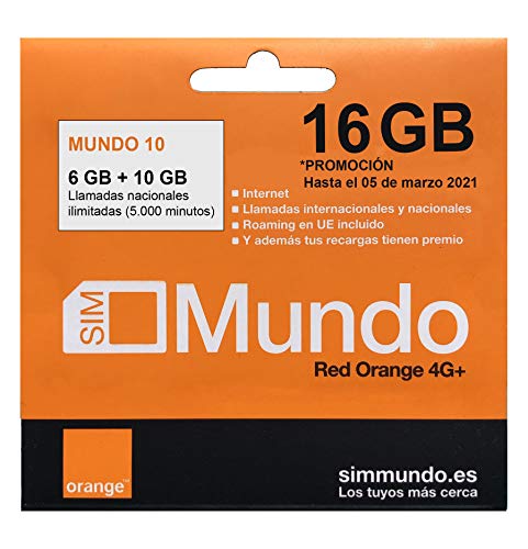 Orange - Tarjeta SIM Prepago (Mundo-10) 16 GB en Espaa | Llamadas Nacionales ilimitadas | 5,5 GB Roaming en Europa | Activacin Online | Velocidad 4G