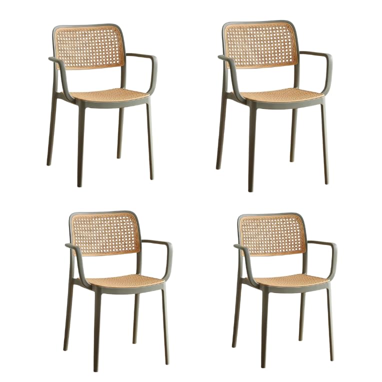 Image of Creative Rattan Dining Chair with Arms, Grey Frame and Plastic Cane Weave, Indoor Accent Chair with Woven Back and Seat (Pack of 4)