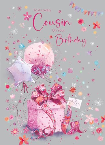 Cherry Orchard | COUSIN Birthday Card | Pink Presents & Balloons | Confetti & Stars | Complete with Envelope