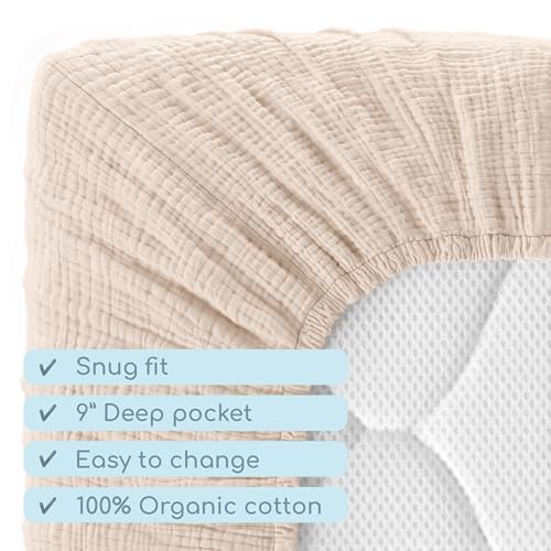 Image of Muslin Crib Sheets, 100% Organic Cotton, Breathable and Ultra-Soft, Standard Crib Sheet Mattress (28 inchx 52 inch) for Girls and Boys, Neutral Fitted Baby Crib Sheet (Wheat)